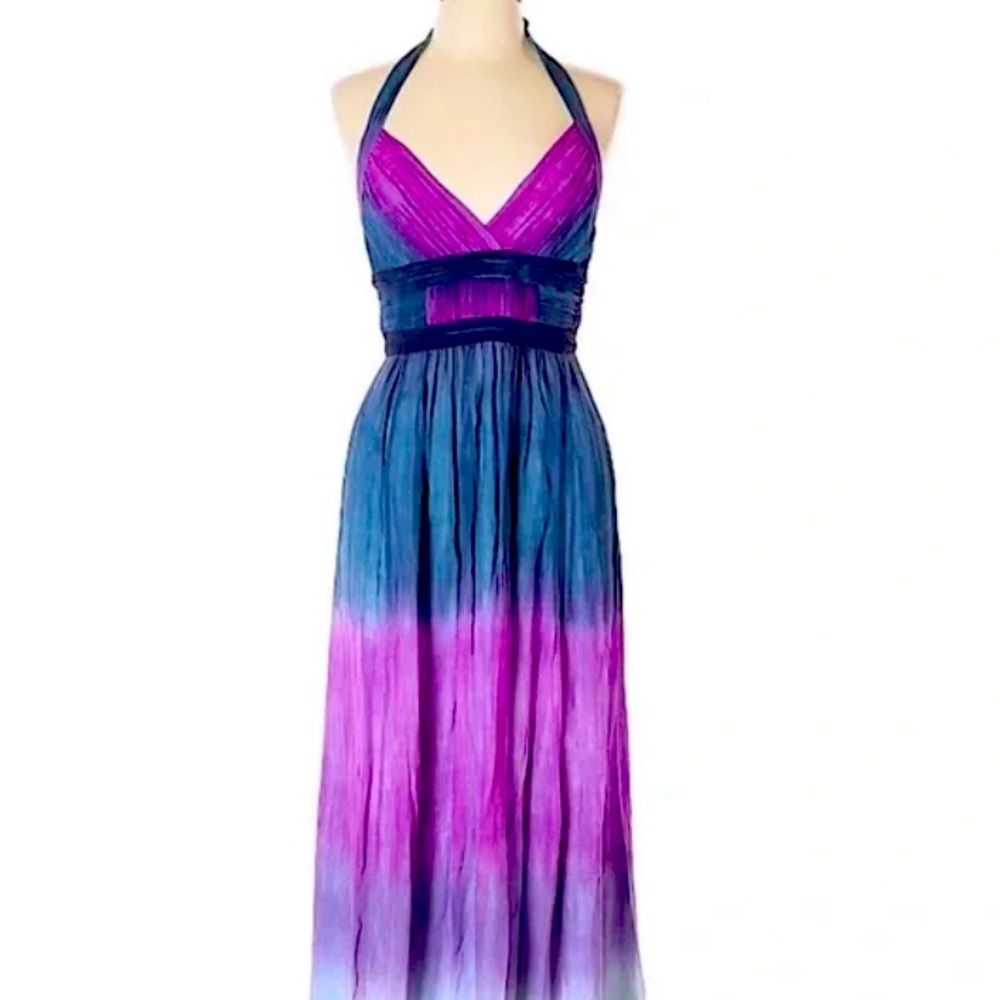 BCBG Maxazria, Tye Dye, Silk Lined, Halter, Chiffon, Maxi Dress.